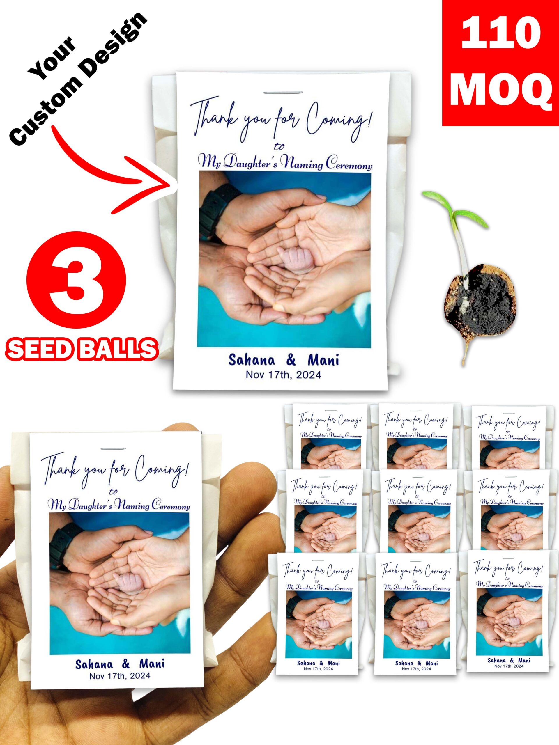 Personalized Paper Pouch Seed Balls Return Gift for Naming Ceremony | Pack of 3 Seed Balls