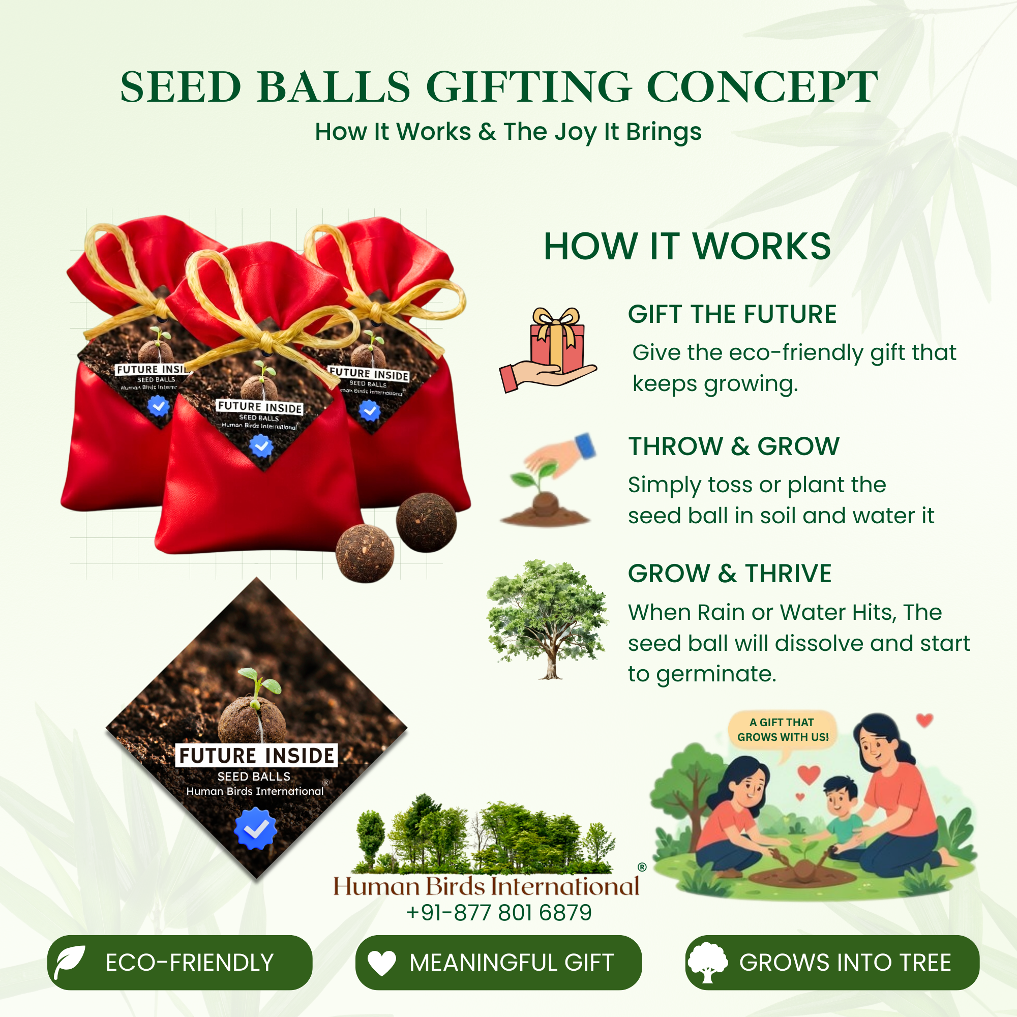 Human Birds International® Seed Balls Return Gift | Premium Silky Cloth Bag with 2 Moringa seed balls | Eco-Friendly Wedding & Birthday Favors (Without Customization) (Ready Made)