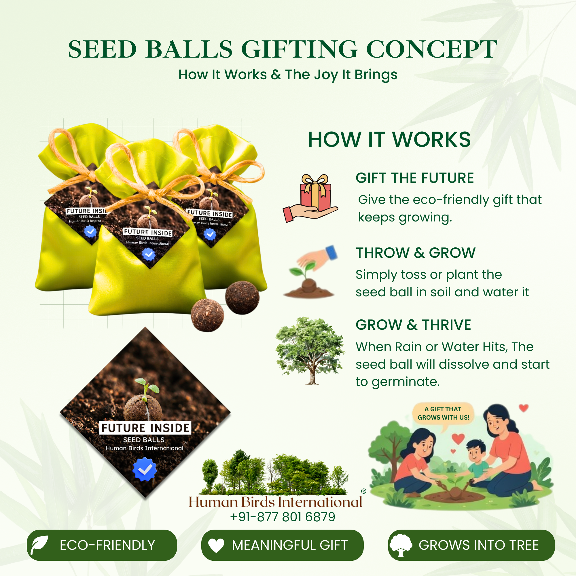 Human Birds International® Seed Balls Return Gift | Premium Silky Cloth Bag with 2 Moringa seed balls | Eco-Friendly Wedding & Birthday Favors (Without Customization) (Ready Made)