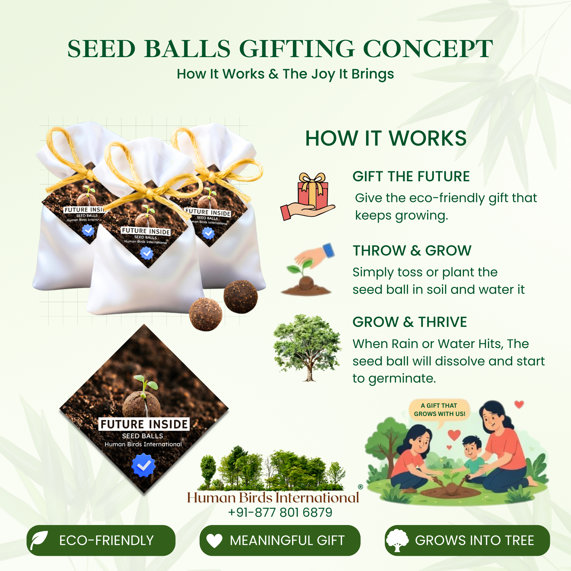 Human Birds International® Seed Balls Return Gift | Premium Silky Cloth Bag with 2 Moringa seed balls | Eco-Friendly Wedding & Birthday Favors (Without Customization) (Ready Made)