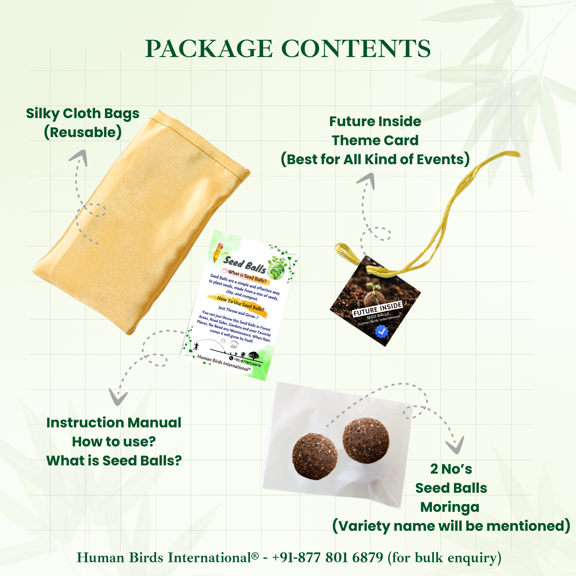 Human Birds International® Seed Balls Return Gift | Premium Silky Cloth Bag with 2 Moringa seed balls | Eco-Friendly Wedding & Birthday Favors (Without Customization) (Ready Made)